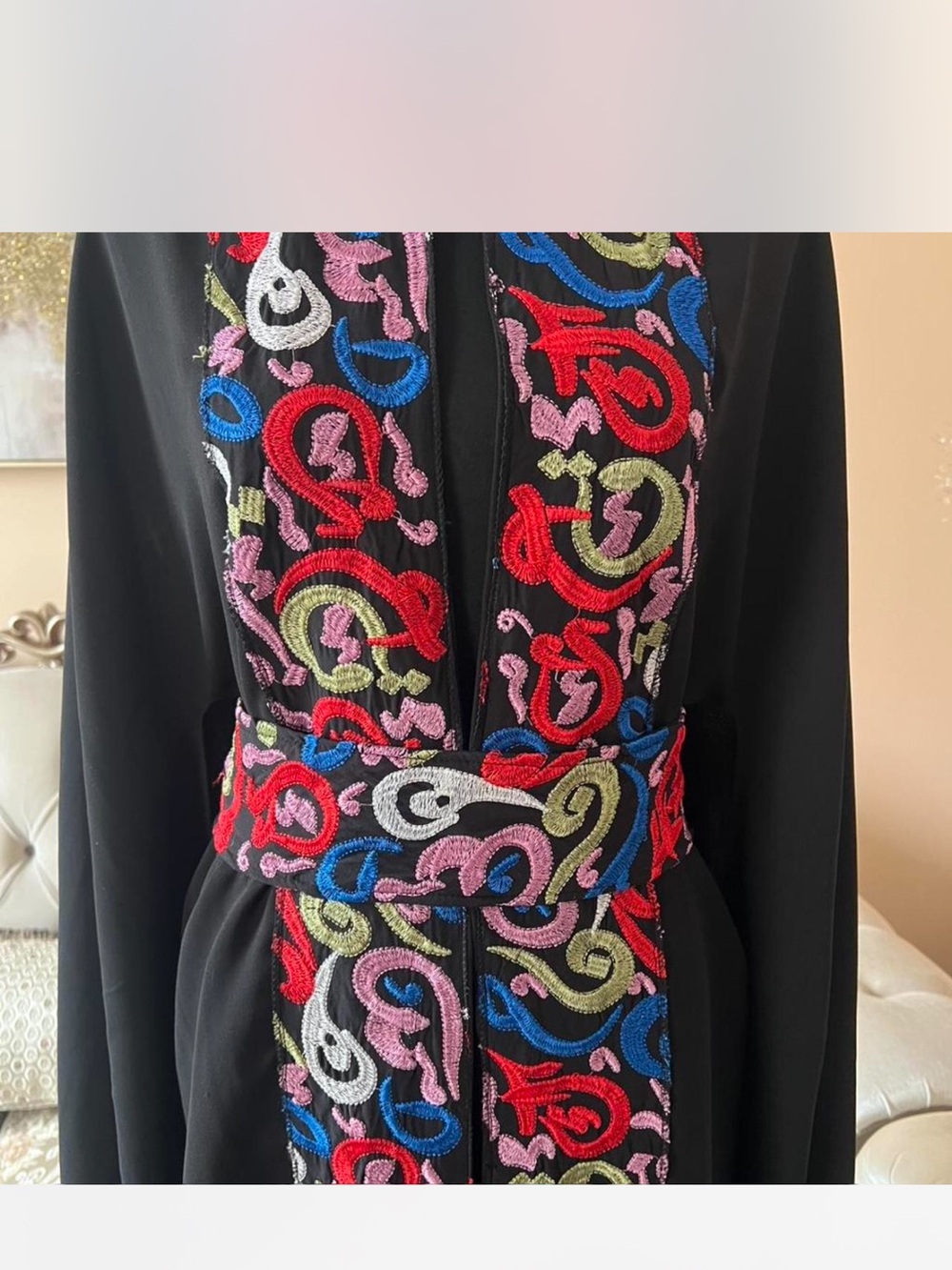 Black Embroidered Belted kaftan with Multicolor  Arabic calligraphy Scrollwork